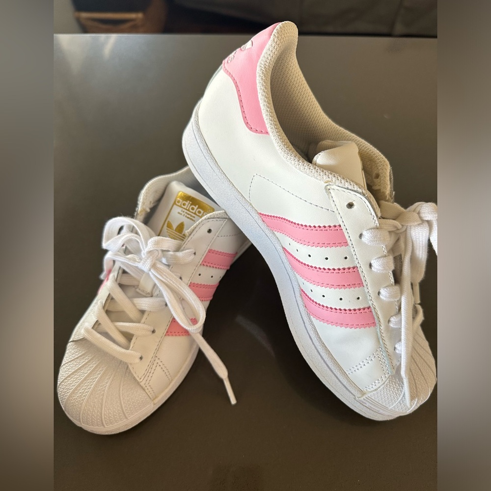 Adidas SuperStars white with pink stripes, kids size 4 1/2 = women’s size 6.
